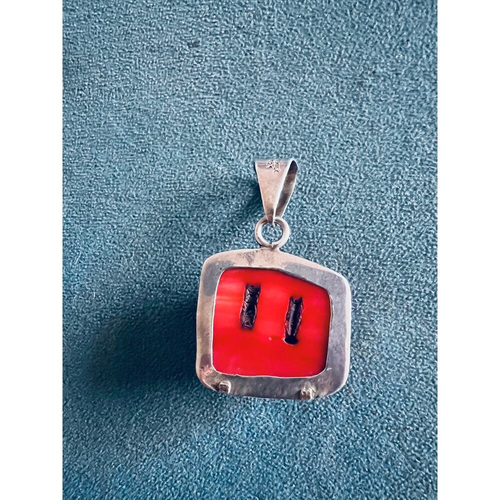 Vintage Mexico 925 Sterling Silver Red Coral Pendant 1.5” Bold Modernist Design - Picture 7 of 10